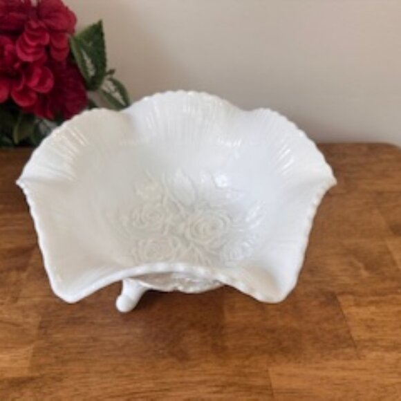 Vintage White Milk Glass Bowl Embossed Rose Floral Footed Dish Ruffled Edge - Picture 3 of 5